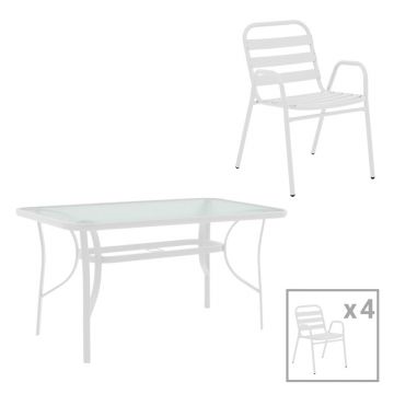 Set masă cu 4 scaune, stil modern, metal și sticlă, alb, 120x70x70cm - Model Sussie Ensure - WHITE