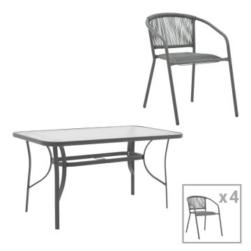 Set masă de sufragerie cu 4 scaune Ensure-Lindaria, Metal și Sticlă, Gri antracit, 140x80x70 cm