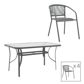 Set masă de sufragerie cu 4 scaune Ensure-Lindaria, Metal/ Sticlă, 120x70x70 cm, Gri antracit