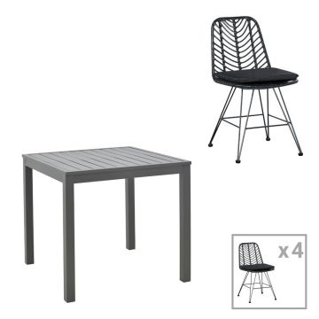 Set Masa Dining cu 4 Scaune Kliton-Naoki, Aluminiu și metal, 80x80x74 cm, Închis Antracit Negru