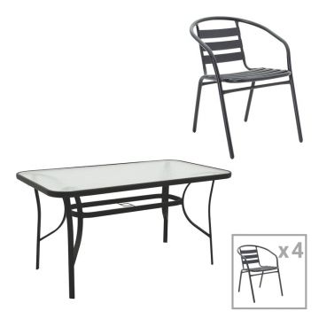 Set masă și scaune Tade-Ensure, Metal și Sticlă, Negru, 140x80x70 cm