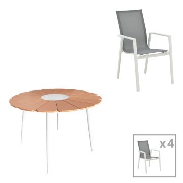 Set masa si scaune Pinap-Dashiell, 5 piese, Alb-Natural, 110x110x74 cm