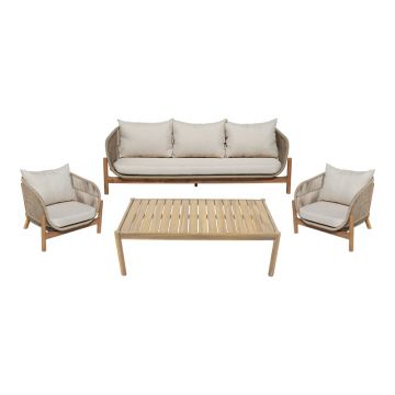 Set mobilier de exterior cu măsuță și canapele Verilan, lemn masiv de acacia și șnur, perne bej, variate, 214x77x70 cm