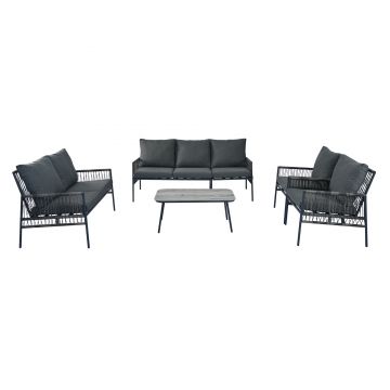 Set mobilier de grădină 7 locuri din PE-ratan și oțel zincat, măsuță cu blat din sticlă temperată cu efect lemn, perne lavabile, Gri