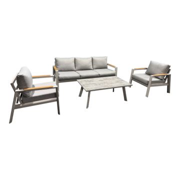 Set mobilier grădină Aeria, aluminiu, bej, tec și țesătură gri, set 4 piese, 201x89x74 cm