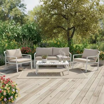 Set Mobilier Grădină cu Perne, Gardenly, Lounge, Aluminium & Bej, Set 4 Piese