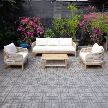 Set mobilier grădină cu tapițerie, Riviera, lemn de acacia și țesătură bej, 4 piese, 215x80x73 cm