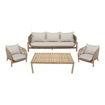 Set mobilier de exterior cu măsuță și canapele Verilan, lemn masiv de acacia și șnur, perne bej, variate, 214x77x70 cm - Natur