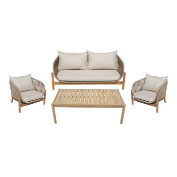 Set mobilier de exterior cu perne bej Lemanda, lemn masiv de salcâm și funie, generoase, 146x75x74 cm - Natur