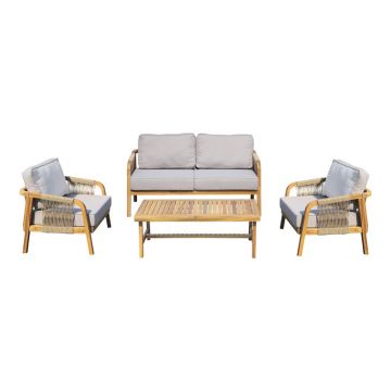 Set mobilier de exterior cu pernute, Malibu II, lemn de acacia cu sfoară, pentru relaxare în grădină, ajustabile, natural, 128x76x65 cm - Natur