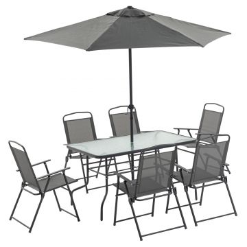 Outsunny Set masa cu 6 scaune de gradina pliabile si umbrela, set mobilier de gradina cu blat din sticla temperata, gri