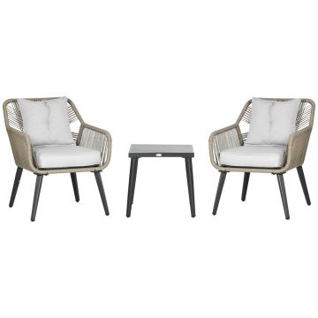 Outsunny Set Mobilier Terasă Modern 3 Piese din Ratan PE, Set Cafea cu Blat Metalic, Ideal pentru Curte și Exterior, Gri | Aosom Romania Outsunny Set Mobilier Terasă Modern 3 Piese din Ratan PE, Set Cafea cu Blat Metalic, Ideal pentru Curte și Exterior, Gri | Aosom Romania