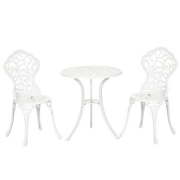 Outsunny Set pentru gradina 3 bucati din aluminiu alb cu design floral, 2 scaune pentru exterior 45x42x85.5 cm si masa rotunda Ø61x66.5 cm | AOSOM RO Outsunny Set pentru gradina 3 bucati din aluminiu alb cu design floral, 2 scaune pentru exterior 45x42x85.5 cm si masa rotunda Ø61x66.5 cm | AOSOM RO