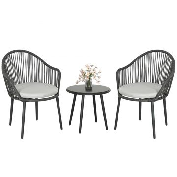 Outsunny Set Bistro de Terasă din 3 Piese, Set de Mobilier din Rachiță cu 2 Fotolii și Masă de Sticlă, 65x63x80 cm, Gri | Aosom Romania