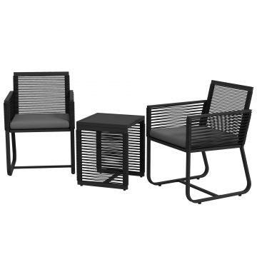 Outsunny Set de Mobilier de Grădină din 3 Piese din Ratan, Set cu Masă din Sticlă Securizată și Perne Moi, 53x57x77 cm, Negru | Aosom Romania