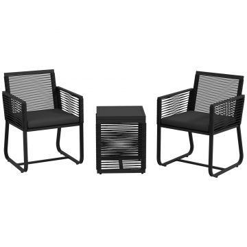 Outsunny Set de Mobilier de Grădină din 3 Piese din Ratan, Set cu Masă din Sticlă Securizată și Perne Moi, 53x57x77 cm, Negru | Aosom Romania